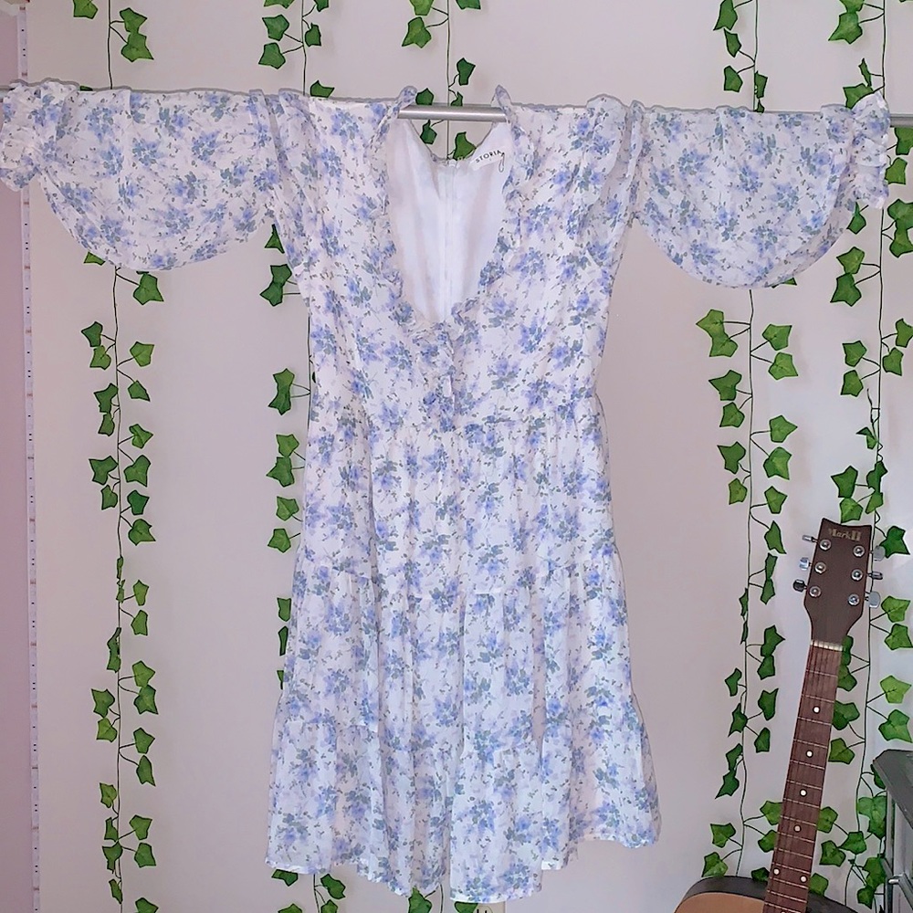 Flowy, Floral White and Blue Dress